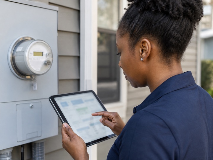 A rep checking energy details on a tablet